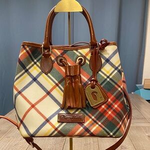 Dooney & Bourke Multicolor Plaid Shoulder Bag w/ drawstring closure.